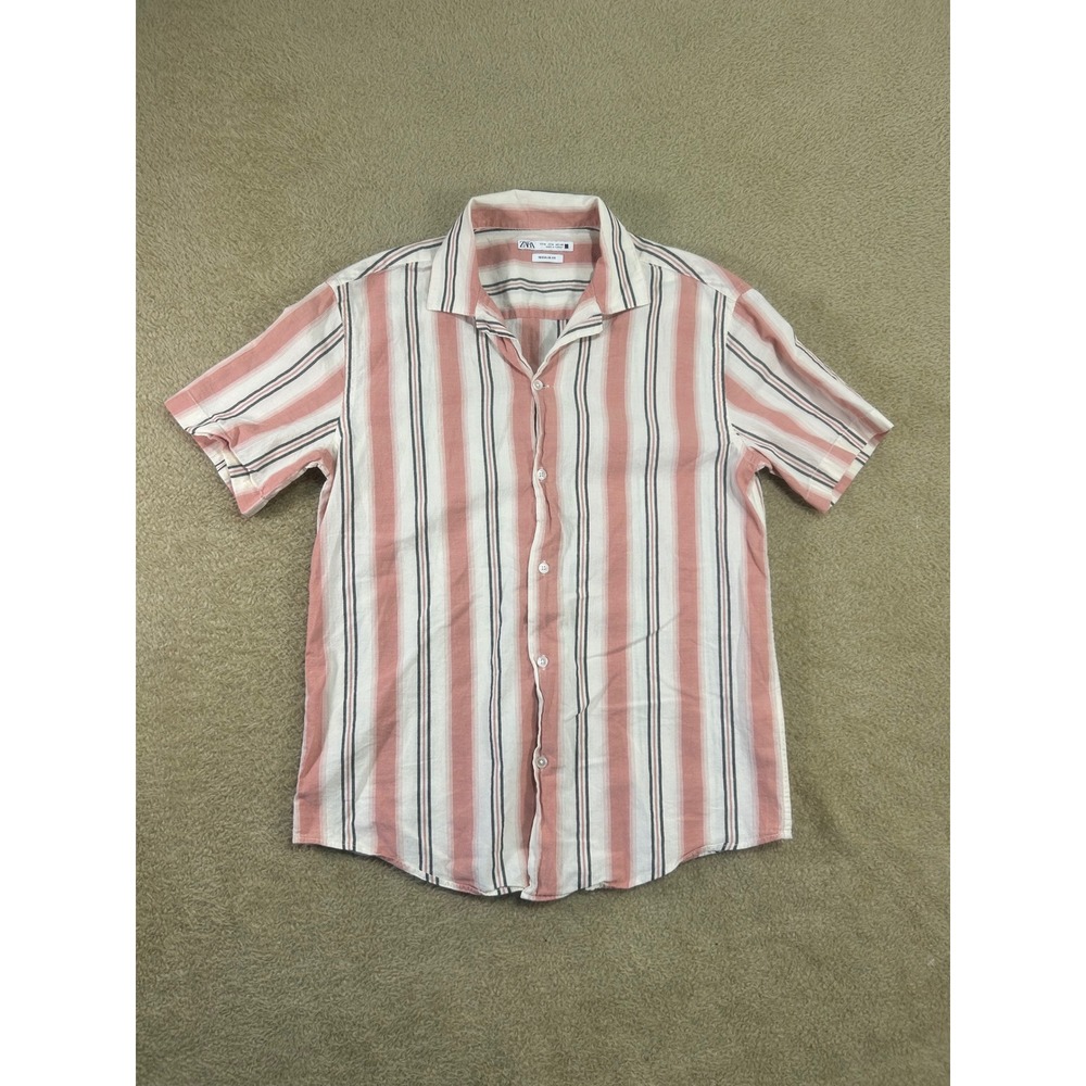 ZARA Men Regular Fit Short Sleeve Button Up Shirt Pink White Stripe‎ Size M